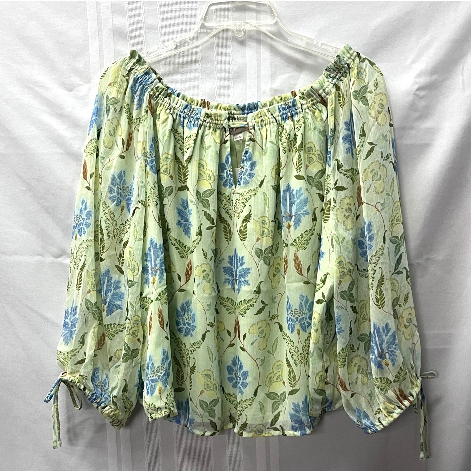 Loft Floral Peasant Blouse Xl Green Sheer Off Shoulder Boho Cottage Bloomcore
